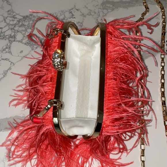 Ostrich Feather Clutch Purse Pink Coral Bag Evening Purse Wedding Dust Bag - Picture 10 of 15